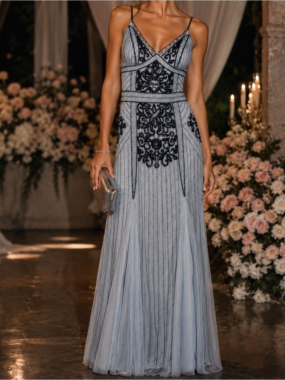 Jump Gatsby Art Deco Beaded Maxi Prom Homecoming Blue Sequins Formal Size 12